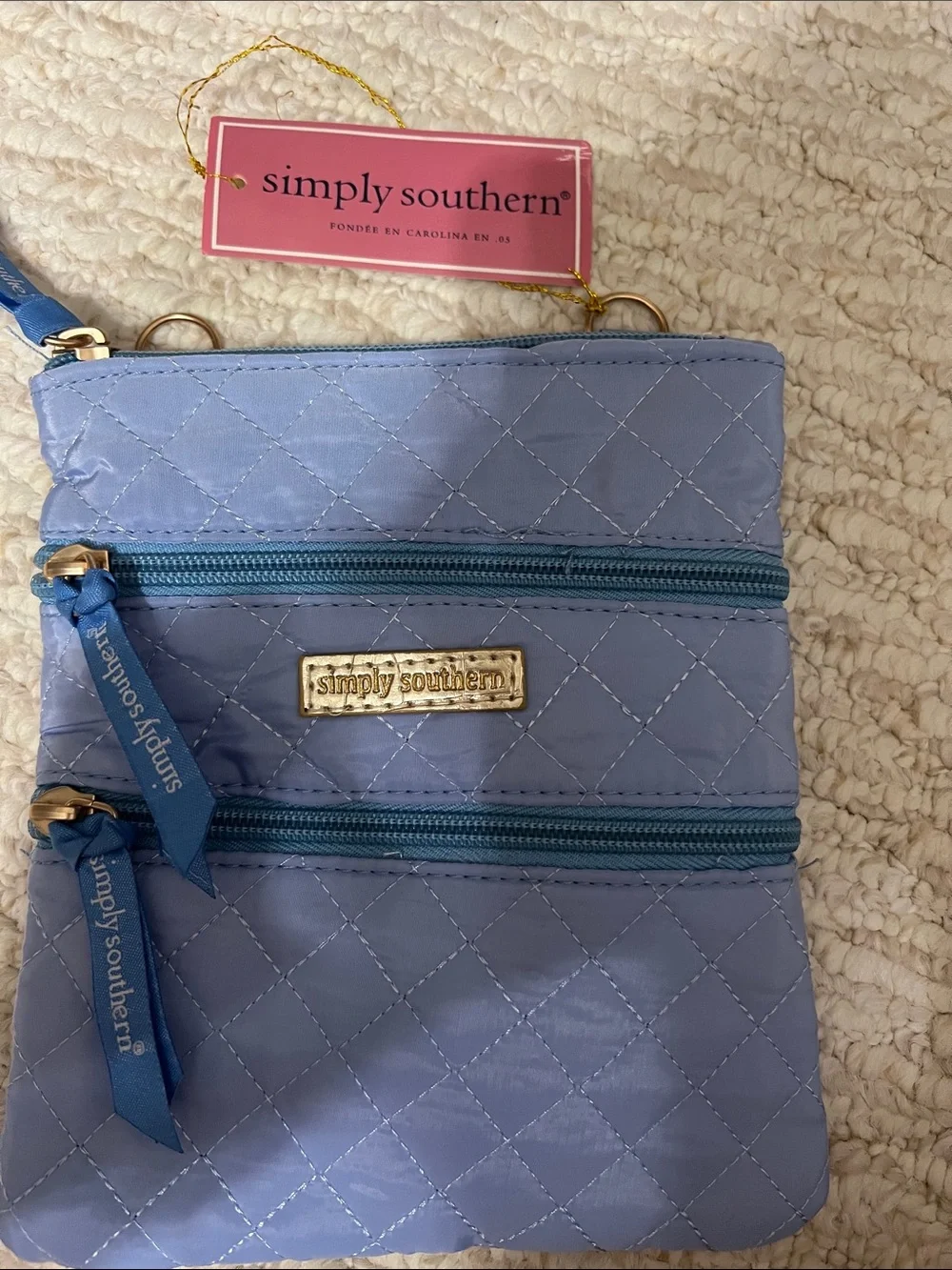 Simply Southern Quilted Light Lavender Crossbody Bag with Teal Zippers